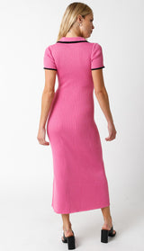 Pink Ribbed Knit Collared Button Front Dress