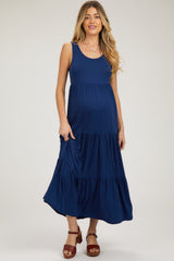 Navy Sleeveless Scoop Back Tiered Maternity Maxi Dress