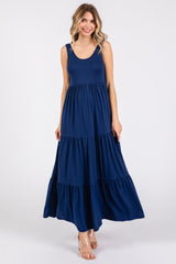 Navy Sleeveless Scoop Back Tiered Maternity Maxi Dress