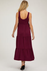 Burgundy Sleeveless Scoop Back Tiered Maternity Maxi Dress