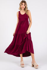 Burgundy Sleeveless Scoop Back Tiered Maxi Dress