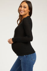 Black Ribbed Lettuce Trim Maternity Top