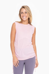 Light Pink Rib Knit Ruched Drawstring Tank Top