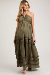 Olive Ruffle Ruched Deep V-Neck Maternity Maxi Dress