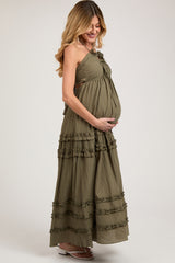 Olive Ruffle Ruched Deep V-Neck Maternity Maxi Dress