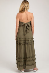 Olive Ruffle Ruched Deep V-Neck Maternity Maxi Dress