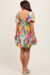 Blue Multicolor Print Puff Sleeve Maternity Dress