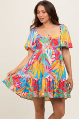 Blue Multicolor Print Puff Sleeve Maternity Dress