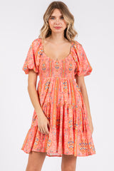 Pink Floral Smocked V-Neck Short Puff Sleeve Maternity Dress