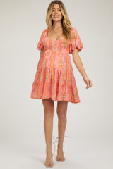 Pink Floral Smocked V-Neck Short Puff Sleeve Maternity Dress