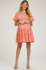 Pink Floral Smocked V-Neck Short Puff Sleeve Maternity Dress