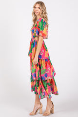 Fuchsia Leaf Print Side Cutout Tiered Midi Dress