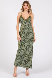 Olive Satin Floral Lace V-Neck Cut Out Back Midi Dress