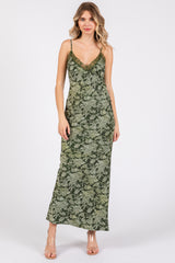 Olive Satin Floral Lace V-Neck Cut Out Back Maternity Midi Dress