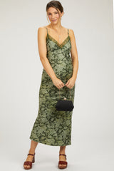 Olive Satin Floral Lace V-Neck Cut Out Back Maternity Midi Dress