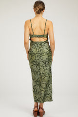 Olive Satin Floral Lace V-Neck Cut Out Back Maternity Midi Dress