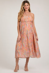 Coral Paisley Halter Smocked Maternity Midi Dress