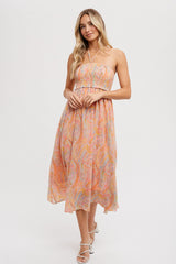 Coral Paisley Halter Smocked Maternity Midi Dress