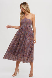 Purple Paisley Halter Smocked Midi Dress