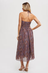 Purple Paisley Halter Smocked Midi Dress