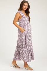 Lavender Floral Ruffle Maternity Midi Dress