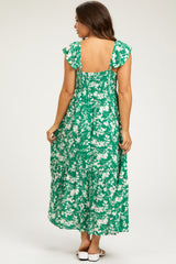 Green Floral Ruffle Maternity Midi Dress