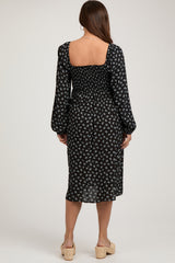 Black Floral Smocked Square Neck Maternity Midi Dress