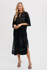 Black Open Knit Front Tie Side Slit Midi Maternity Swim Cover Up