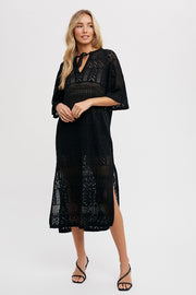 Black Open Knit Front Tie Side Slit Midi Swim Cover Up