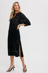 Black Open Knit Front Tie Side Slit Midi Swim Cover Up