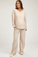 Taupe Ribbed Soft Knit Long Sleeve Maternity Pajama Set