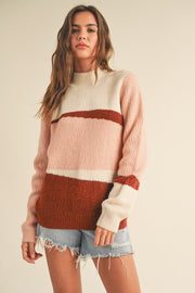 Mauve Combo Mock Neck Colorblock Pattern Sweater