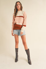 Mauve Combo Mock Neck Colorblock Pattern Sweater