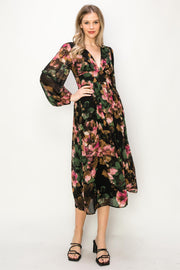 Green Chiffon Floral Long Sleeve V-Neck Maxi Dress