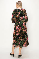 Green Chiffon Floral Long Sleeve V-Neck Maxi Dress