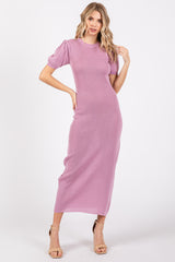 Lavender Puff Sleeve Knit Maternity Midi Dress