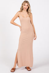 Beige Ribbed Side Slit Maternity Maxi Dress