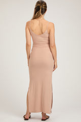 Beige Ribbed Side Slit Maternity Maxi Dress