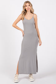 Heather Grey Ribbed Side Slit Maxi Dress