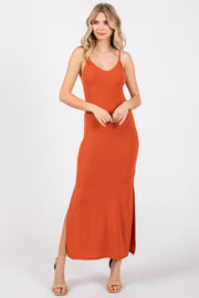 Orange Ribbed Side Slit Maxi Dress