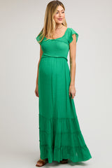 Green Smocked Crossover Off Shoulder Maternity Maxi Dress