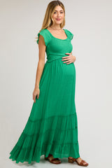 Green Smocked Crossover Off Shoulder Maternity Maxi Dress