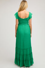 Green Smocked Crossover Off Shoulder Maternity Maxi Dress