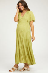 Green Button Detail Tiered Maternity Maxi Dress