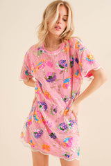 Pink Multi Sequin Floral Multi T Shirt Mini Dress