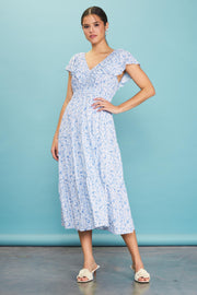 Blue Floral Front Ruched Ruffle Shoulder Tiered Midi Dress