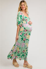 Light Green Floral Front Button Maternity Maxi Dress