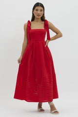 Red Linen Square Neck Shoulder Tie Eyelet Hem Maternity Midi Dress