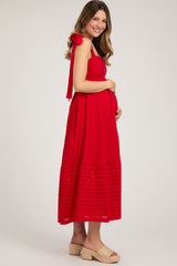 Red Linen Square Neck Shoulder Tie Eyelet Hem Maternity Midi Dress