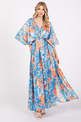 Blue Floral Satin V-Neck Maternity Maxi Dress